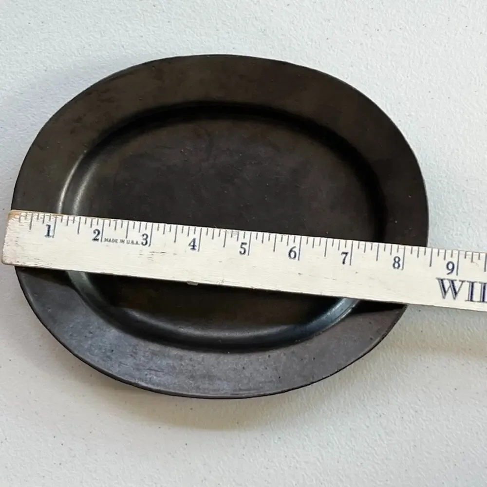 Black Clay Trinket Dish Tray Plate With Raised Edges 8.5 in Unique Marked
